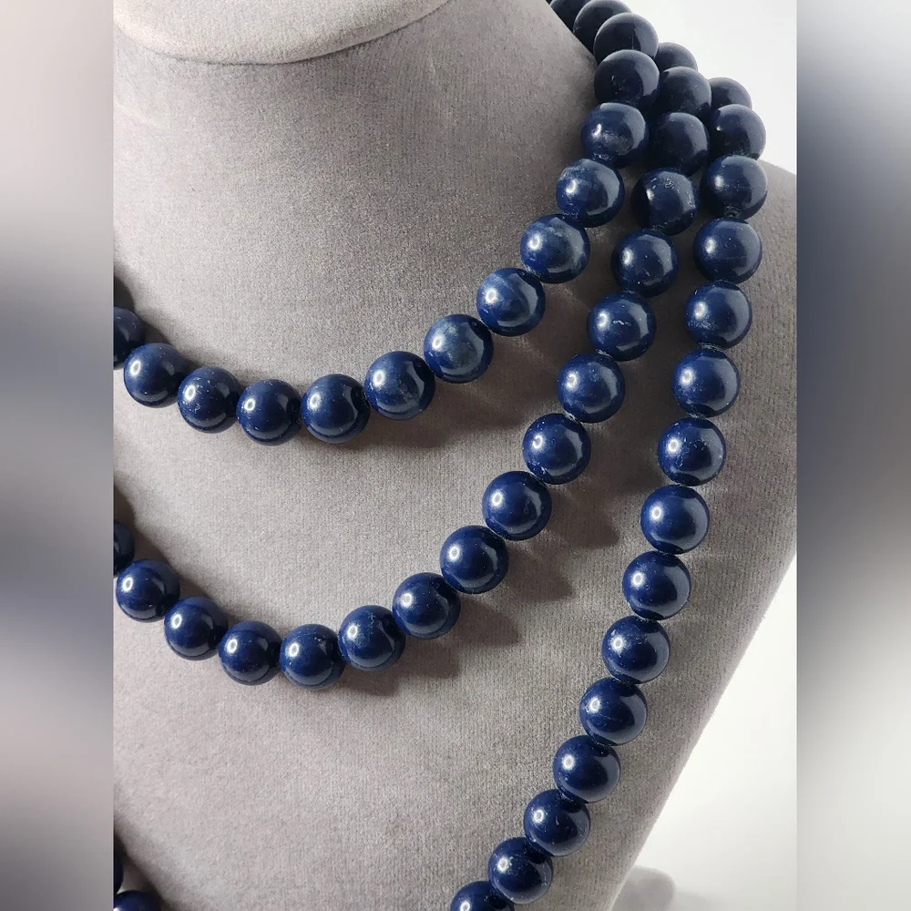 Vintage Navy Blue Acrylic Extra Long Beaded Necklace